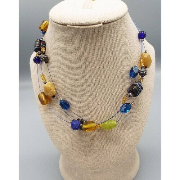 Chico's Triple Strand Wire Glass Blue Citrine Bead Short 20" Necklace - Picture 1 of 6